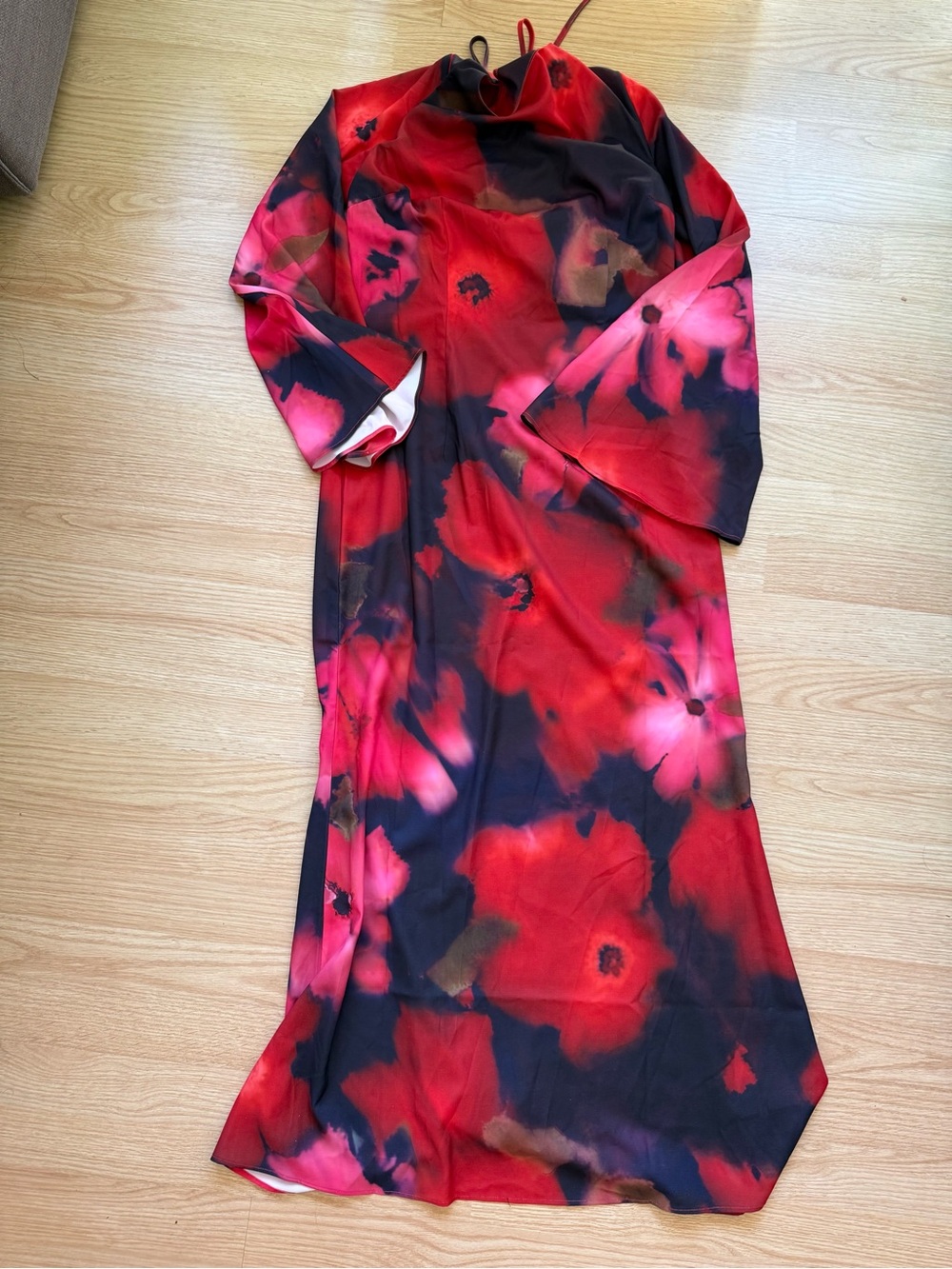 Red & Black Floral Midi Dress with Pink Accents
